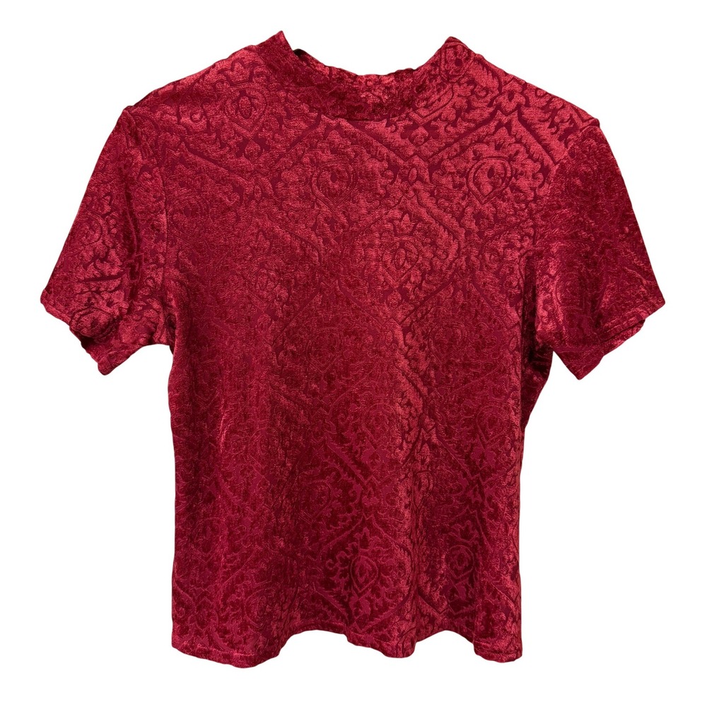 Vintage Escapades Womens Red Velvet Mock Neck Top Large Holiday Damask Jacquard